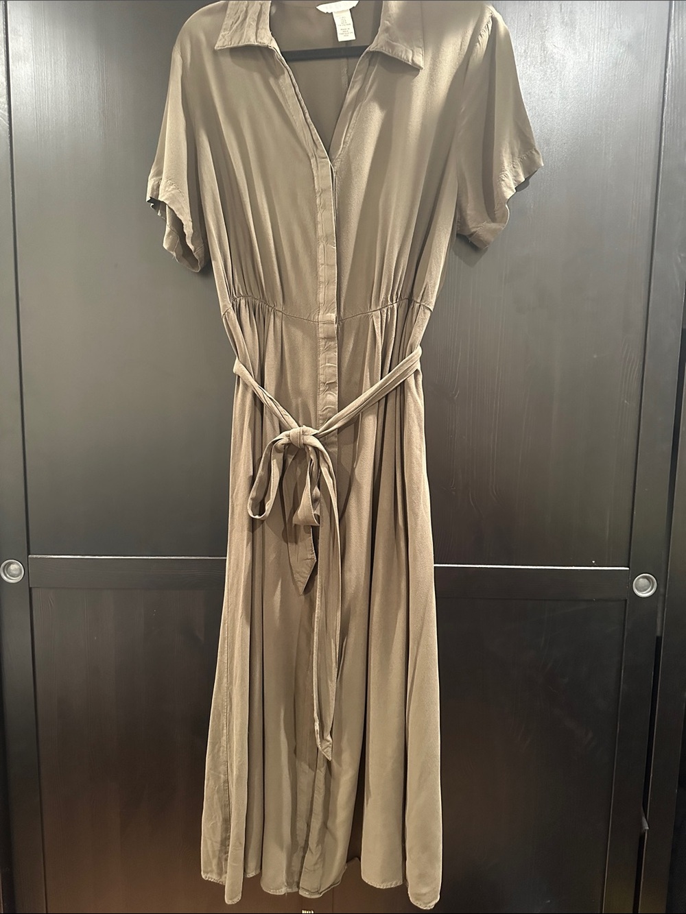 H&M Olive-Taupe Button-Front Midi Dress with Tie Waist
